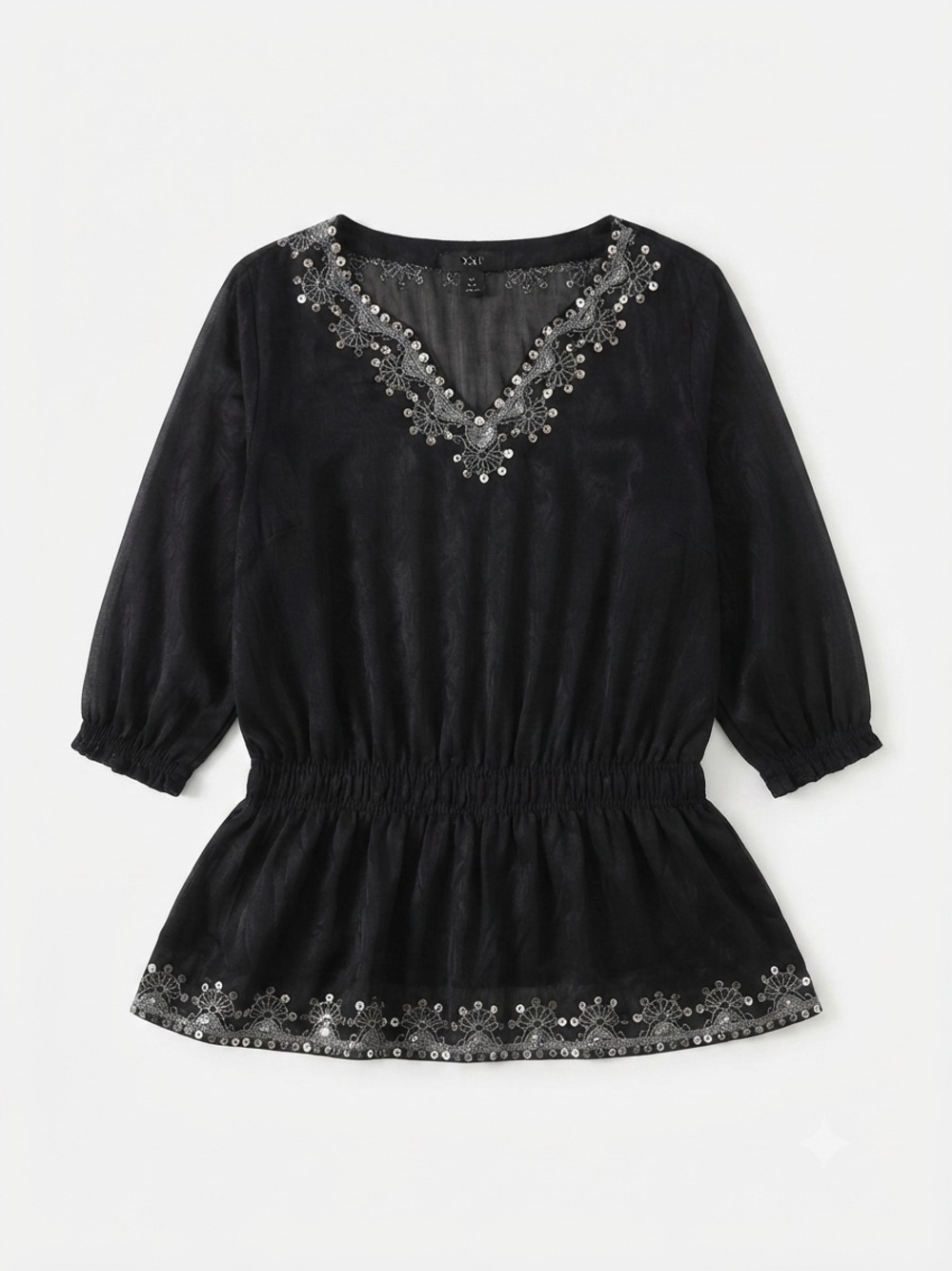 Forever 21 Black V-Neck Embroidered Waist Peasant Tunic